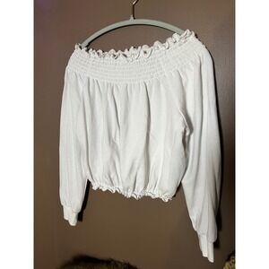 Garage Bright White Off Shoulder Smocked Crop Top Long Sleeve NWT Size Medium
